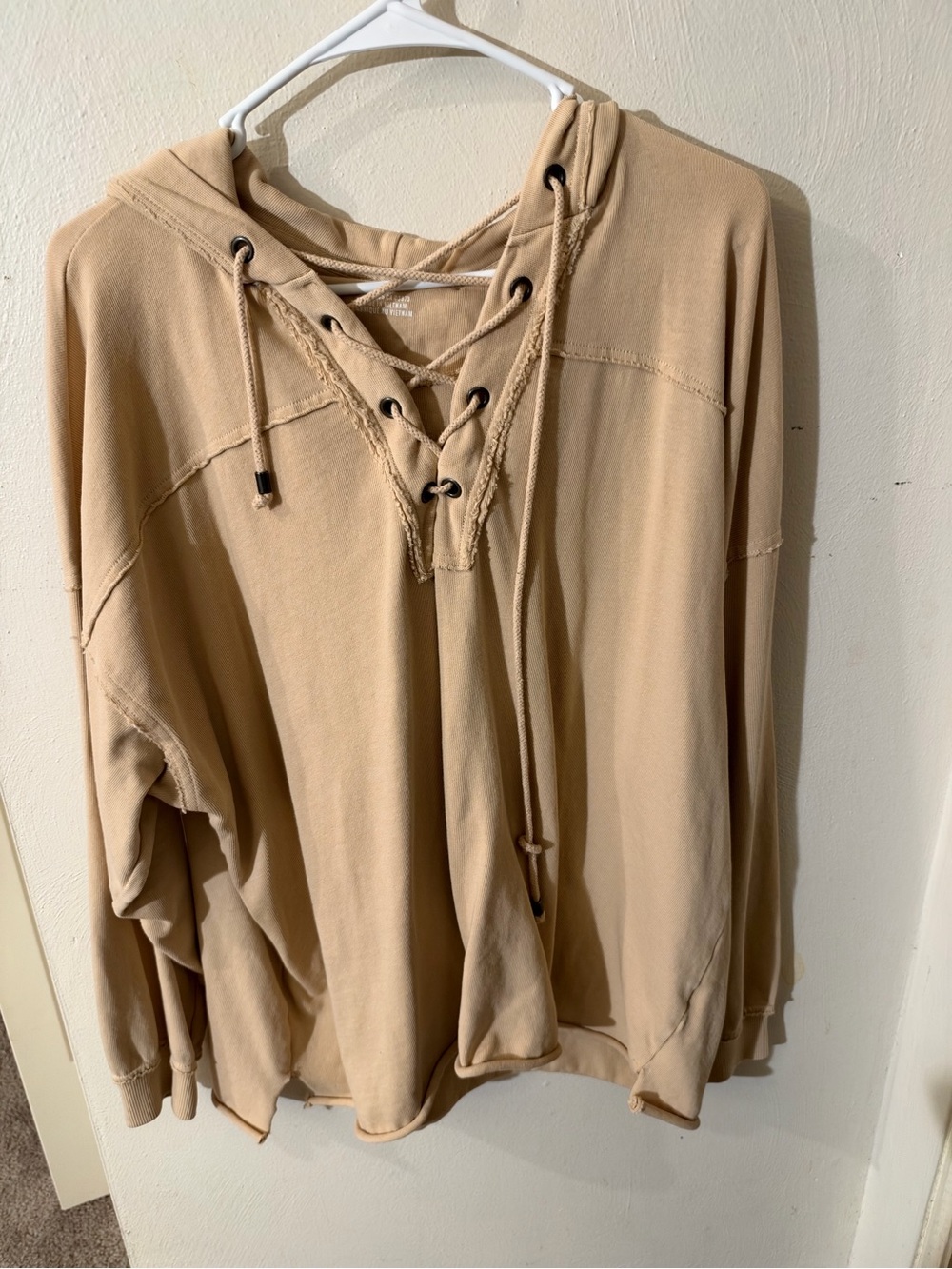 aerie Lace-Up Hooded V-Neck Sweater in Tan